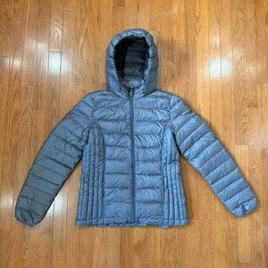 HeatKeep Packable Down Puffer Jacket Coat Womens Medium Gray Hooded Hiking